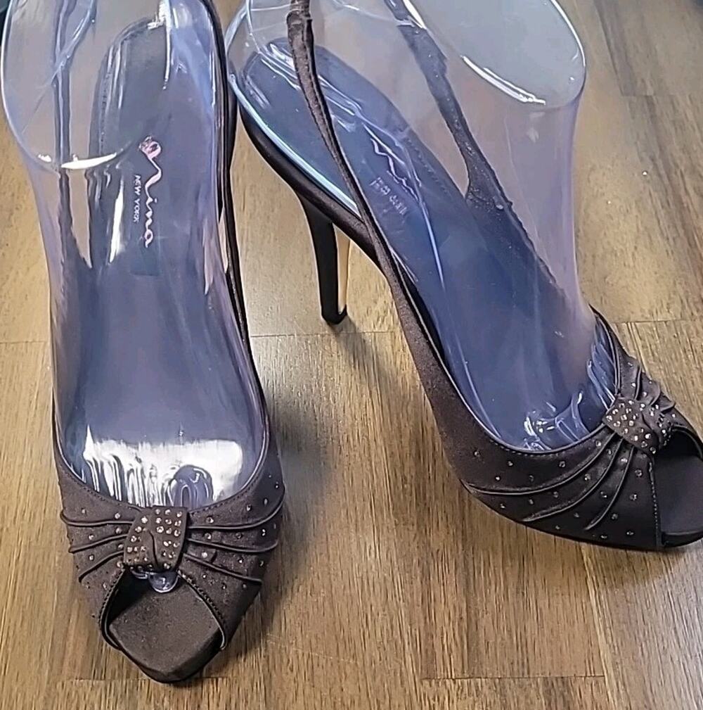 Nina Satin Sparkle Slingback Heels 8M Brown Open Toe Y2K
